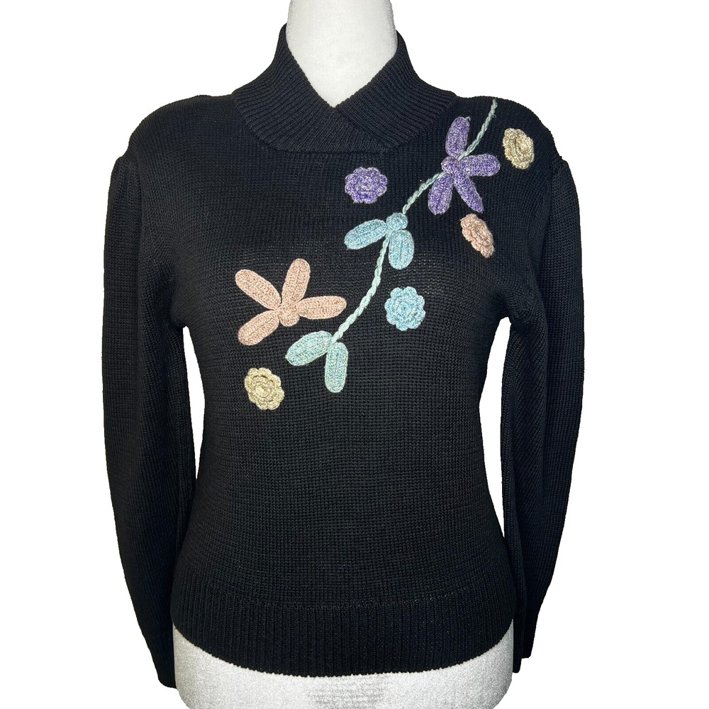 Gitano Women Knit Sweater M Vtg Cotton Pullover Floral Embroidery Whimsigoth 90s